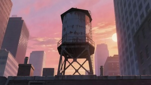 落日城市建筑屋顶水塔