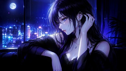 月夜窗边紫发二次元美少女