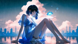 雨夜蓝裙美少女夜兰