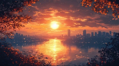 远眺城市湖畔金色落日