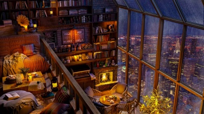 繁华都市雨天房间