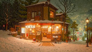 夜晚冬雪街边小店