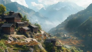 山林乡村古镇梯田建筑