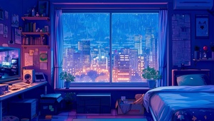 插画-雨天卧室