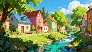 白云树木房屋河流