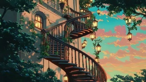 晚霞唯美别墅旋转楼梯