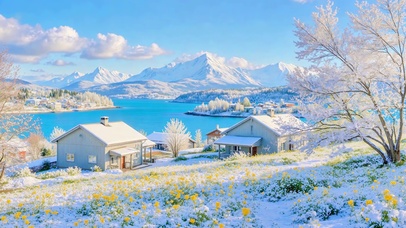 唯美雪山湖泊小屋