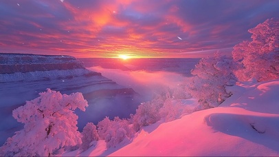 粉色朝霞积雪山谷