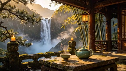 古韵山水瀑布木屋