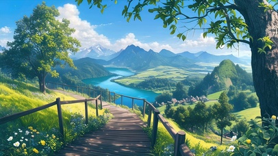 白云树木河流绿景山川