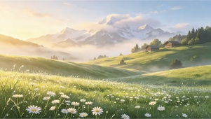 治愈系插画风阿尔卑斯山野晨光