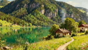 护眼绿景树木房屋双屏