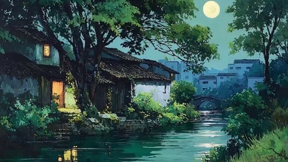 古风夜色河流夜景