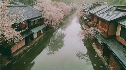 阴天河岸建筑静谧风景