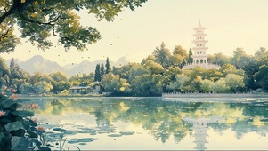 绿色湖畔白色古塔
