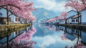 水乡春日河道两岸建筑
