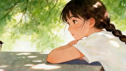 树下小鸟与女孩带鱼屏