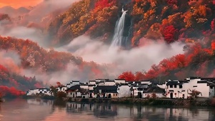 秋季古风山水带鱼屏