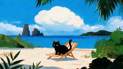 沙滩悠闲黑猫