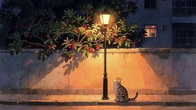 路边路灯下猫咪