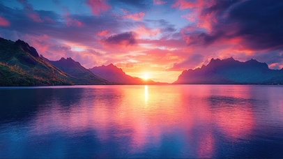 宁静水面粉色日落