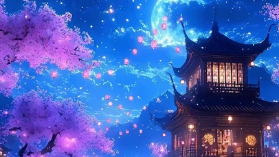 夜景古风樱花树木带鱼屏
