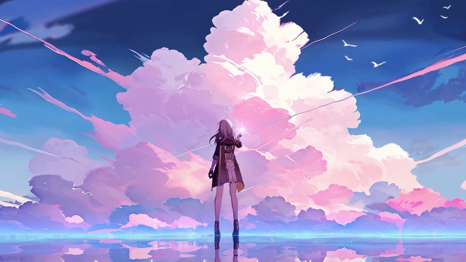 背对镜头的长发少女站在镜面水面上，背景是粉紫渐变的蓬松积云与澄澈蓝天。