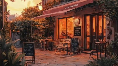 黄昏城市法式咖啡商店