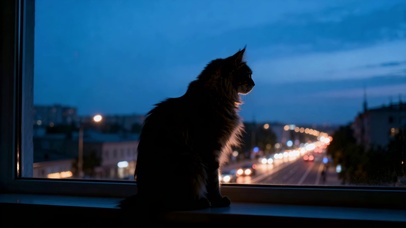 蓝夜窗边眺望的猫咪