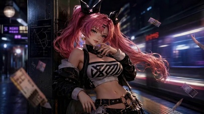 赛博风地铁站粉发二次元美少女