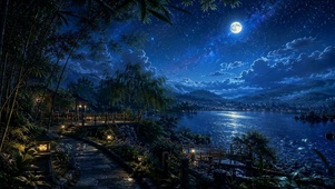 月夜湖畔星空夜景