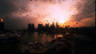 城市日落玻璃雨