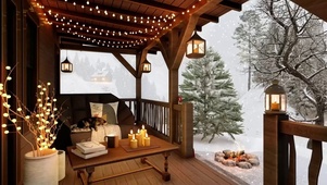 冬季木屋门廊大雪