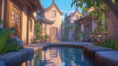 柔和古城小镇建筑池塘