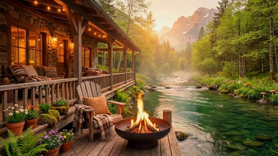 清新山间溪流木屋