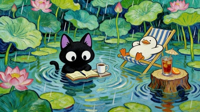 油画风荷塘雨天