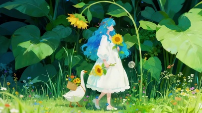 采花的女孩和大鹅