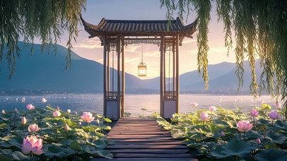 静谧国风落日湖泊荷塘