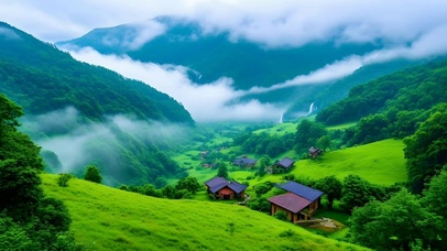 绿色云雾缭绕山丘