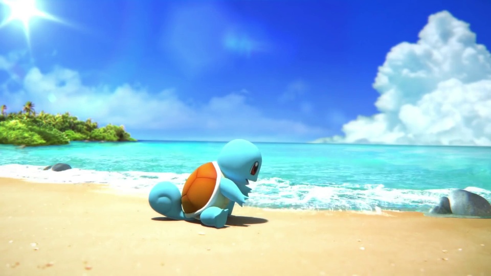 浅蓝色带螺旋卷曲尾巴的杰尼龟趴在热带沙滩近岸处，背景是蓝绿色近海与远处绿植小岛，上方是飘着白云的晴朗蓝天。