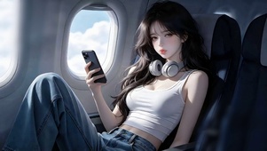 机舱内的耳机少女