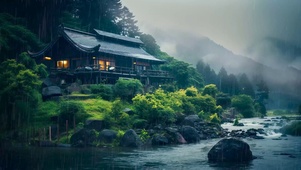 雨天云雾江边山庄