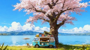 湖边樱花树下汽车