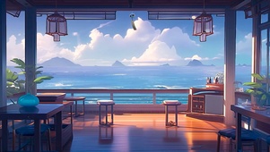 治愈插画海景小屋
