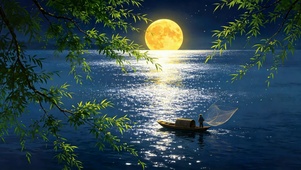 月夜江景渔舟行
