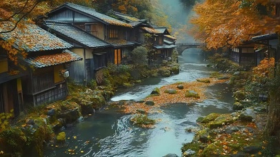 秋日阴天古村溪流风景