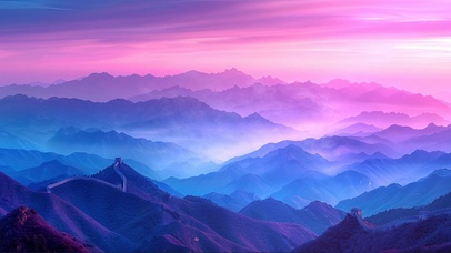 梦幻粉色朝霞山峰长城