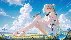 蓝天白云下的白裙少女琳奈