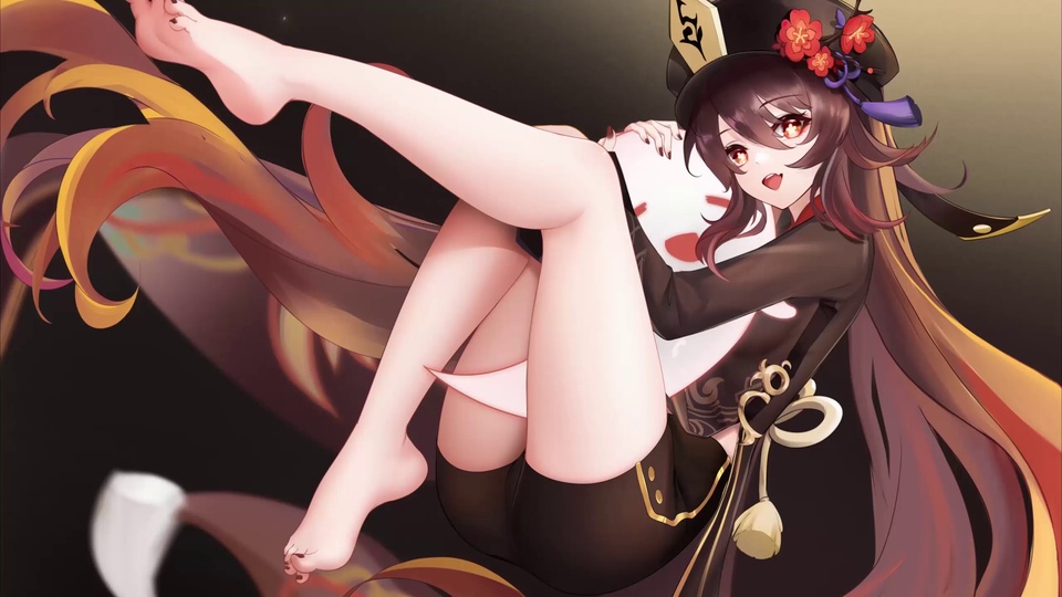 原神角色胡桃的二次元插画，她头戴饰有红花的帽子，浅棕渐变长发，裸足抬起呈悬浮姿态，背景为深黑交织暖橙与亮红的流动光效。