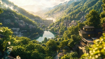 小镇清新绿色夏日山林